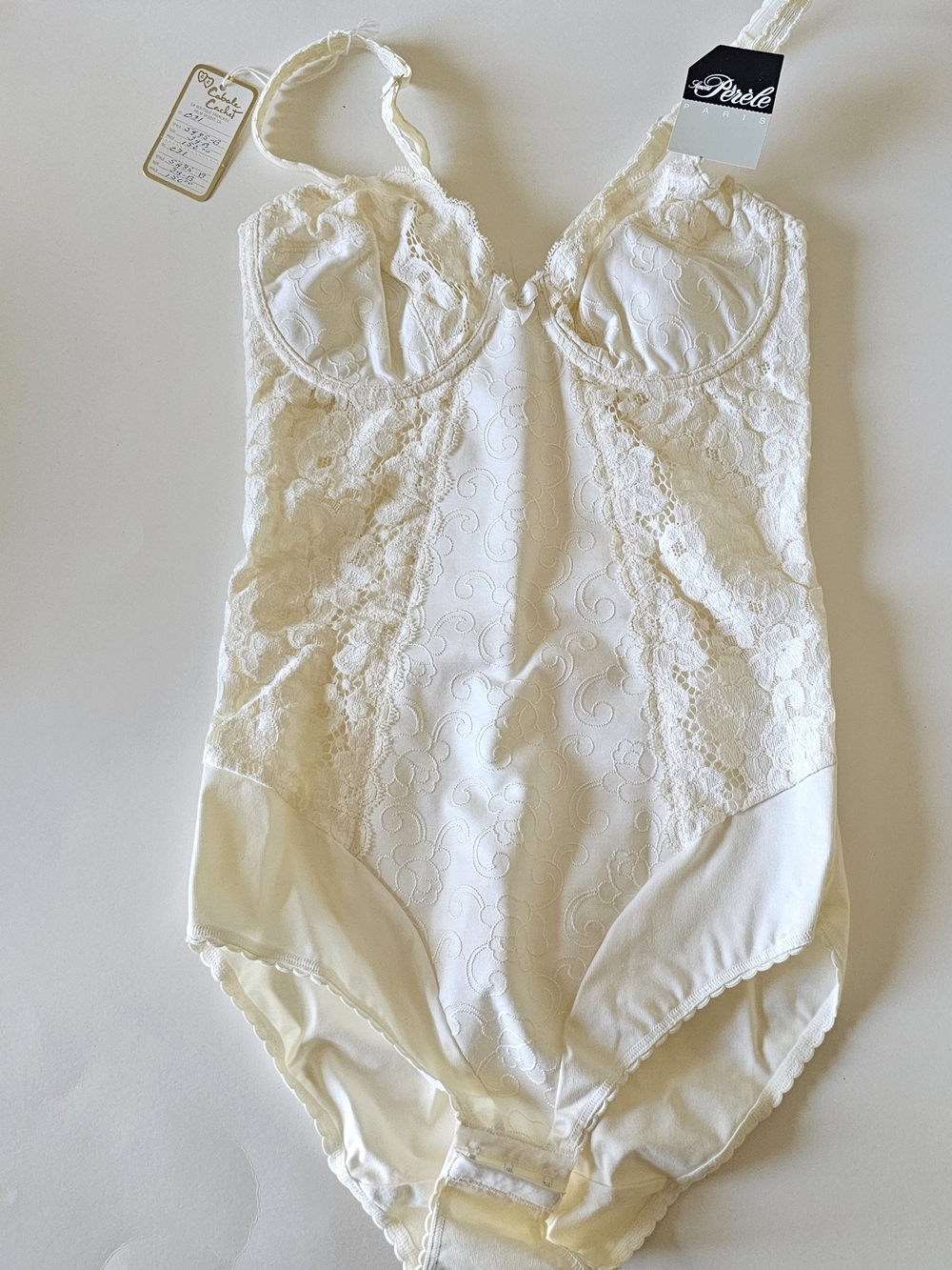 NWT Deadstock Vintage French Ivory Lace Bodysuit Shapewear Simone Perele 34b